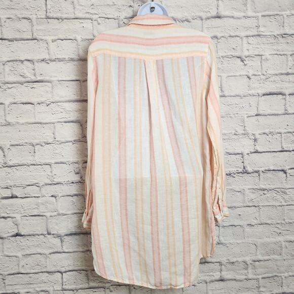 ANTIBES BLANC Linen Tunic Length Top Women Sz Medium Roll Tab Sleeves TINY FLAW - Picture 2 of 11